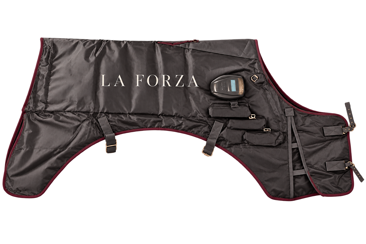 Floating graphite HorsePower blanket with wine piping and champagne details