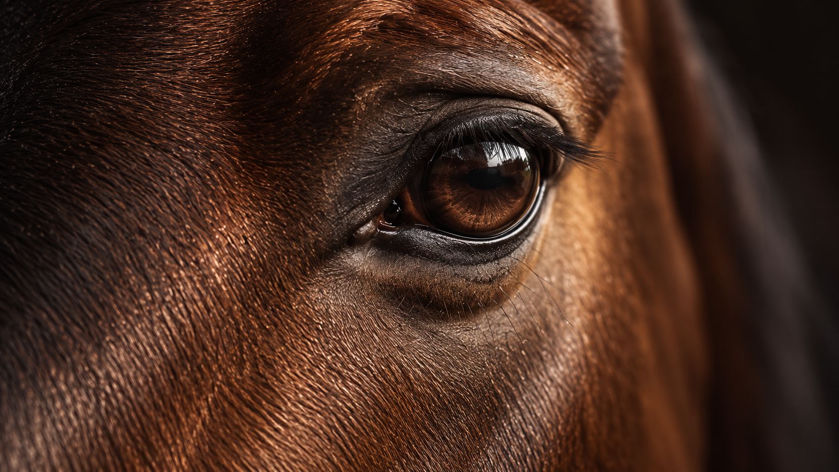 An intimate view of a bay horse’s eye and warm, finely textured coat