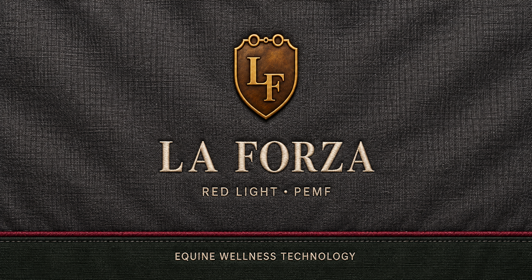 The LA FORZA card: cream embroidery and a bronze equestrian crest on graphite blanket fabric, with wine piping and a deep-green band.