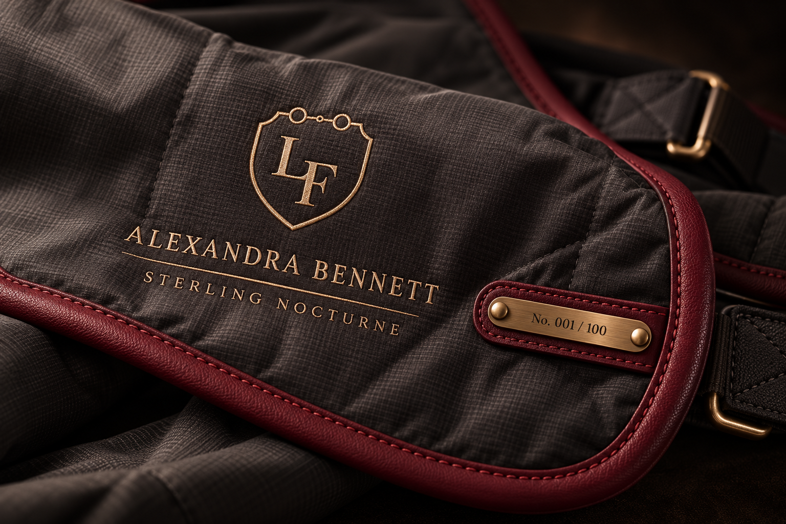 Champagne rider and horse-name embroidery, La Forza crest, wine piping and a bronze edition plaque on graphite fabric